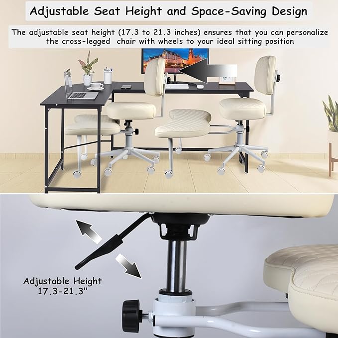 Meditation Chair Cross Legged Chair with Wheels Criss Cross Chair ADHD Desk Chair for Adults with Back Support Wide Squatting Kneeling Chair Adjustable Height for Office, Home, Yoga (White)