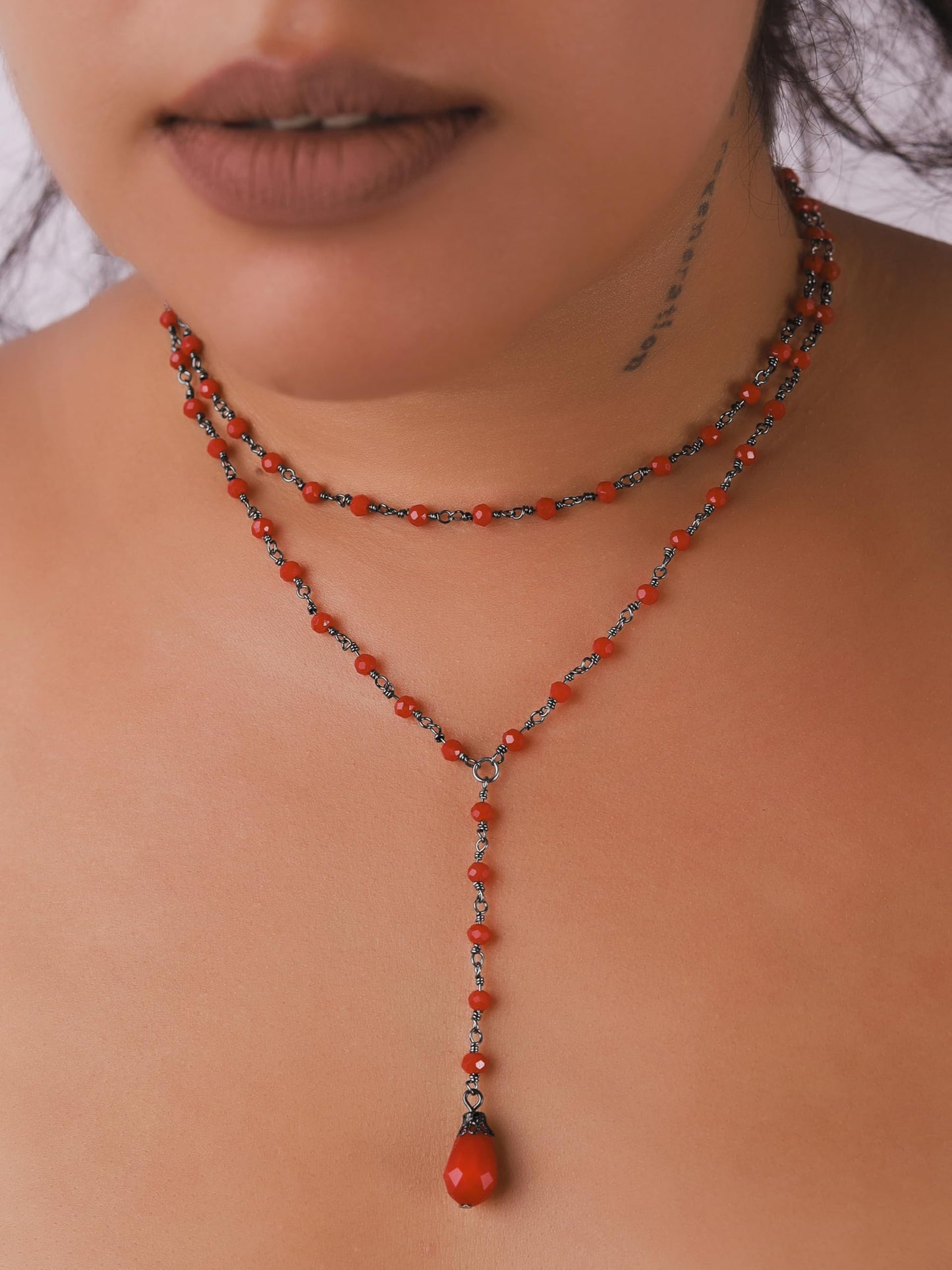 Sacina Gothic Layered Red Choker, Dainty Y Necklace, Bead teardrop Choker, Gothic Goth Necklace, Christmas Jewelry Gift for Women