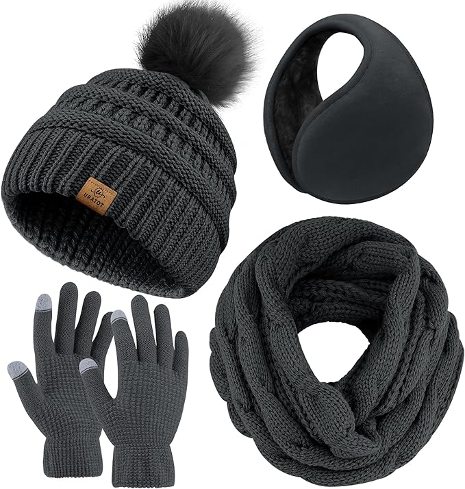 URATOT 4-In-1 Winter Warm Sets Knitted Scarf Touch Screen Gloves Beanie Pompom Hat and Winter Ear Warmer for Men or Women