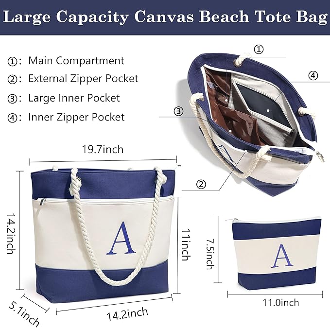 YOOLIFE Beach Bags for Women - Initial Canvas Tote Waterproof Bag with Makeup Bag Gifts for Women Mom Friend Birthday Her