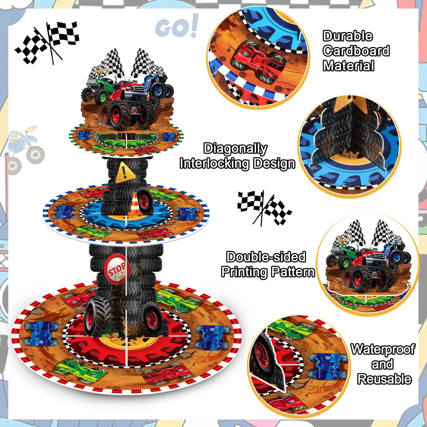 Sunnyray 3 Tier Truck Party Decorations Cupcake Stand Race Car Cupcake Tower Favors Racing Truck Party Dessert Holder Car Theme Dessert Stand for Kids Boys Race Car Birthday Supplies