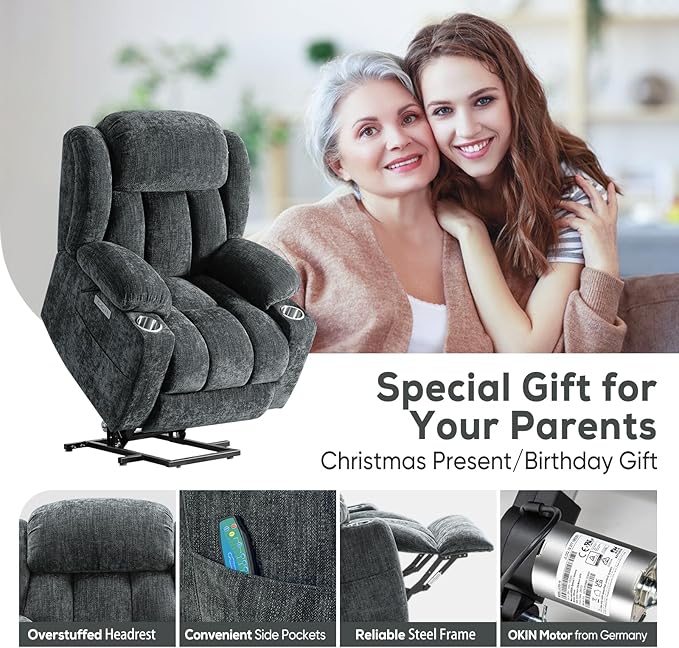 ABCASA Large Power Lift Chairs Recliners for Elderly with Heat ＆ Massage, Upgraded Chenille Recliners, USB-A ＆ C, Cup Holder, Side Pocket, Grey Blue