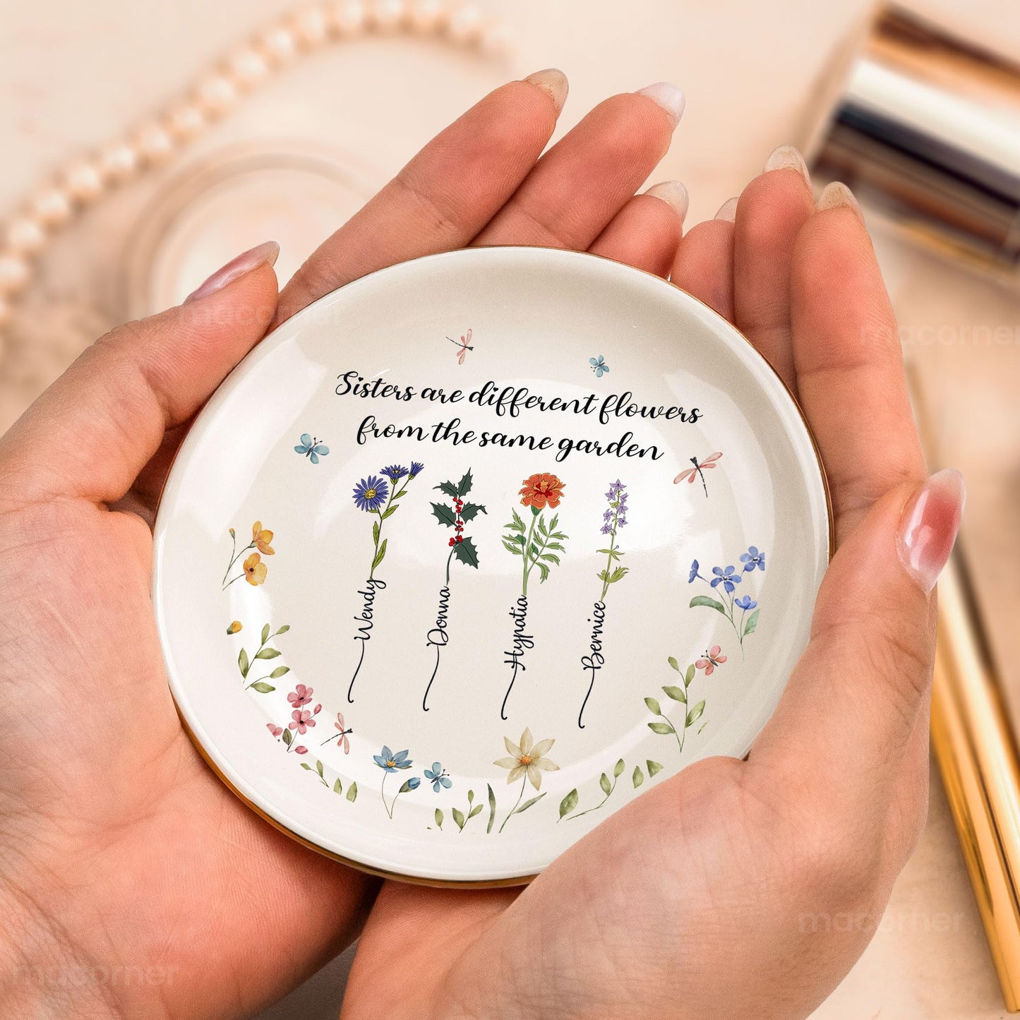 Macorner Personalized Jewelry Dish Gifts, Sisters Are Differents Flowers Custom Birth Flowers, Soul Sister Friend Gifts for Women Girls Presents