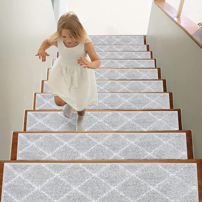 BEQHAUSE Stair Treads for Wooden Steps Non-Slip Stair Rugs Machine Washable Stair Carpet Treads 28inX9in Grey Stair Runner for Elders,Kids and Dogs Polyester Soft Stair Mats,4PCS