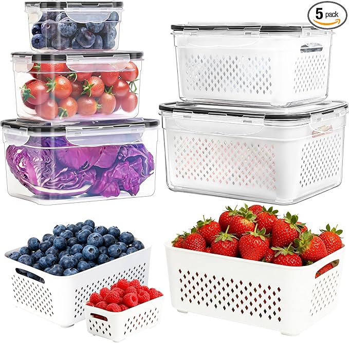 PRAKI 5-Pack Large Fruit Storage Containers for Fridge with Removable Colander, 2 in 1 Produce Storage Containers, BPA-Free Fridge Organizers and Storage Keep Fruits, Vegetables, Berry Fresh Longer