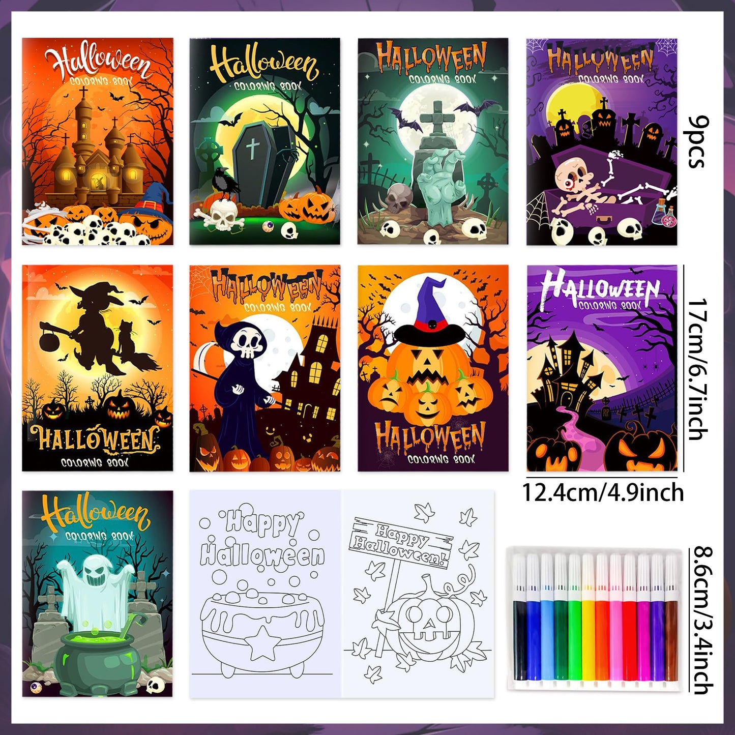 Mini Coloring Books with 9pcs Paint Pens Kids Halloween Books for Children Mini Ghost Pumpkin Coloring Booklet Party Bag Fillers