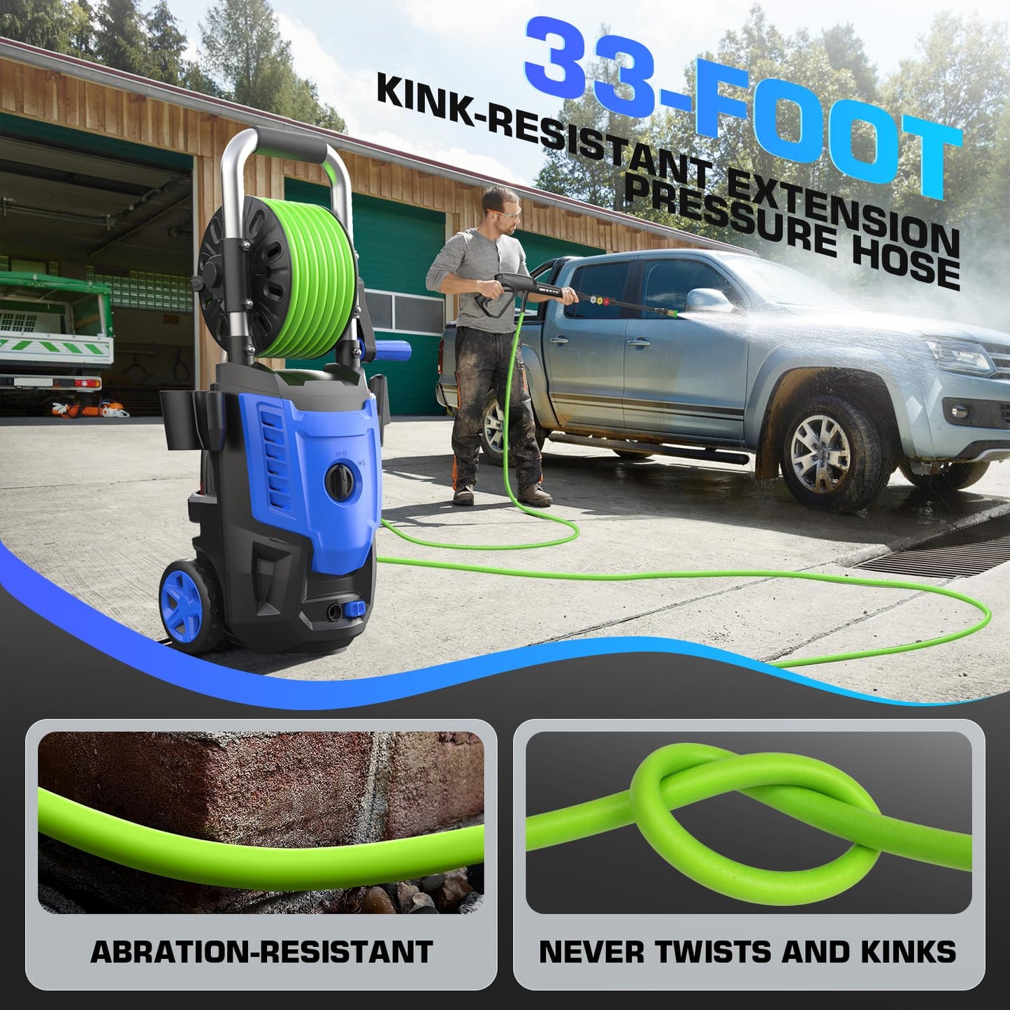 Pressure Cleaner 4800PSI, 4.0GPM Portable Power Cleaner with Foam Cannon,4 Nozzles,33FT Hose and Soap Bottle,Car Wash Machine/Car/Driveway/Patio Clean,Green