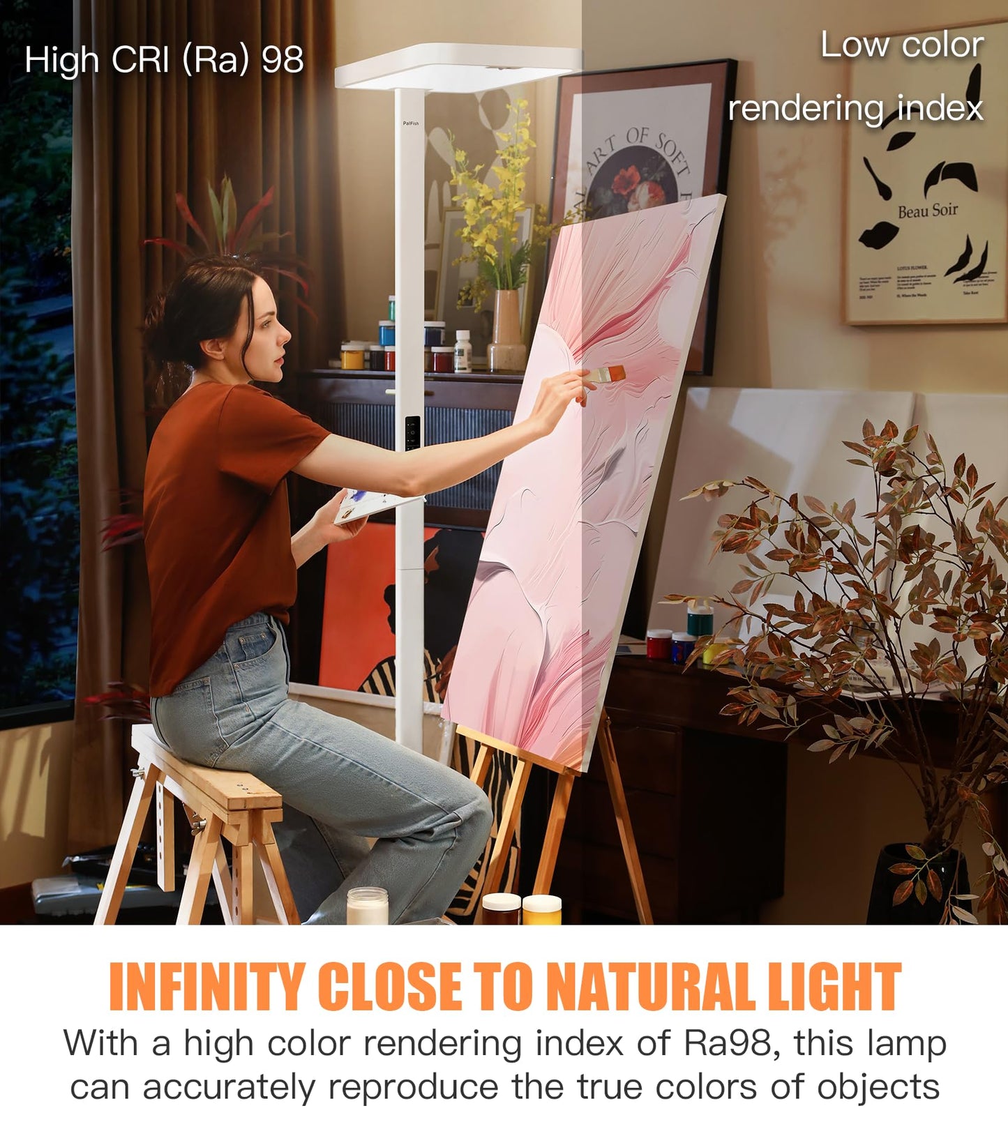PalFish Pure Light Floor Lamp - Motion Sensor, 100W Full-Spectrum Standing Lamp for Bedroom, Living Room & Office - 60000+h Lifetime, 9500LM, 4000K, White Floor Lamp
