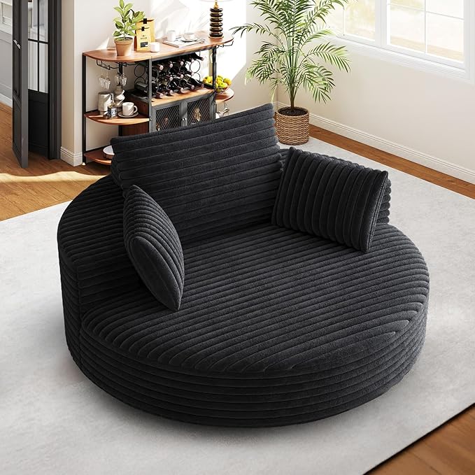 360-Degree Oversized Swivel Chair, Modern Round Circle Corduroy Comfy Deep Seat Swivel Accent Chaise Lounge Sofa Chair with Back Cushion & 2 Throw Pillows for Living Room Bedroom Office, Black
