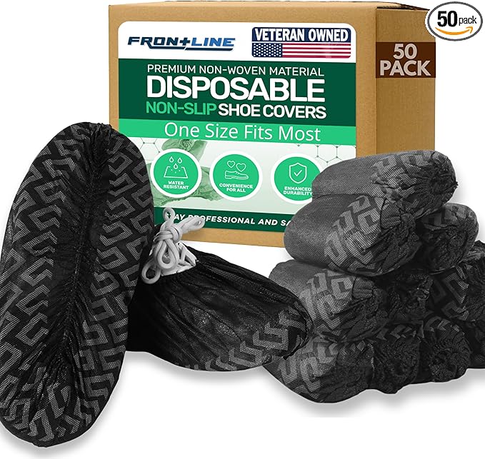 Frontline Shoe Covers Disposable Non-Slip 100 Pack, Premium Non-Woven Durable Booties Shoes Covers – Water Resistant Thick Anti-Slip - One Size Fits Most by Frontline (Black 50 Pack)