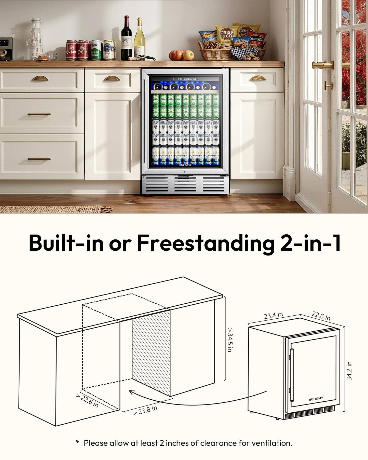EUHOMY 24 Inch Wine and Beverage Refrigerator, 112 Cans & 8 Bottles Built-in or Freestanding Beverage Refrigerator Double-Layer Glass Door, Under Counter Wine Fridge for Kitchen, Bar, Office