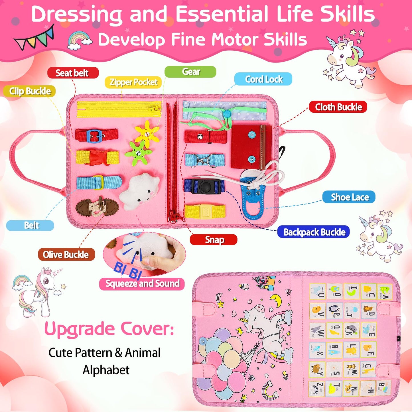 Esjay Toddler Busy Board Montessori Toys for Girls, Sensory Board Educational Activities for Learning Fine Motor Skills, Birthday Gifts for Girls Toddlers, Travel Toys for Airplane Car, Fairy Horse