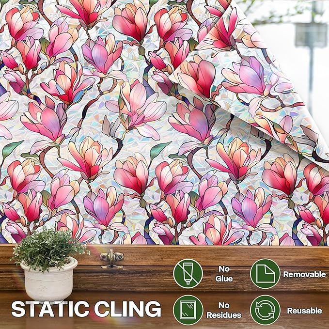 Stained Glass Window Film UV Resistant Window Privacy Film Pink Floral Privacy Rainbow Decals Living Room Bedroom Sun Blocking Decor Removable Static Cling Stickers 17 x 39.37 Inch