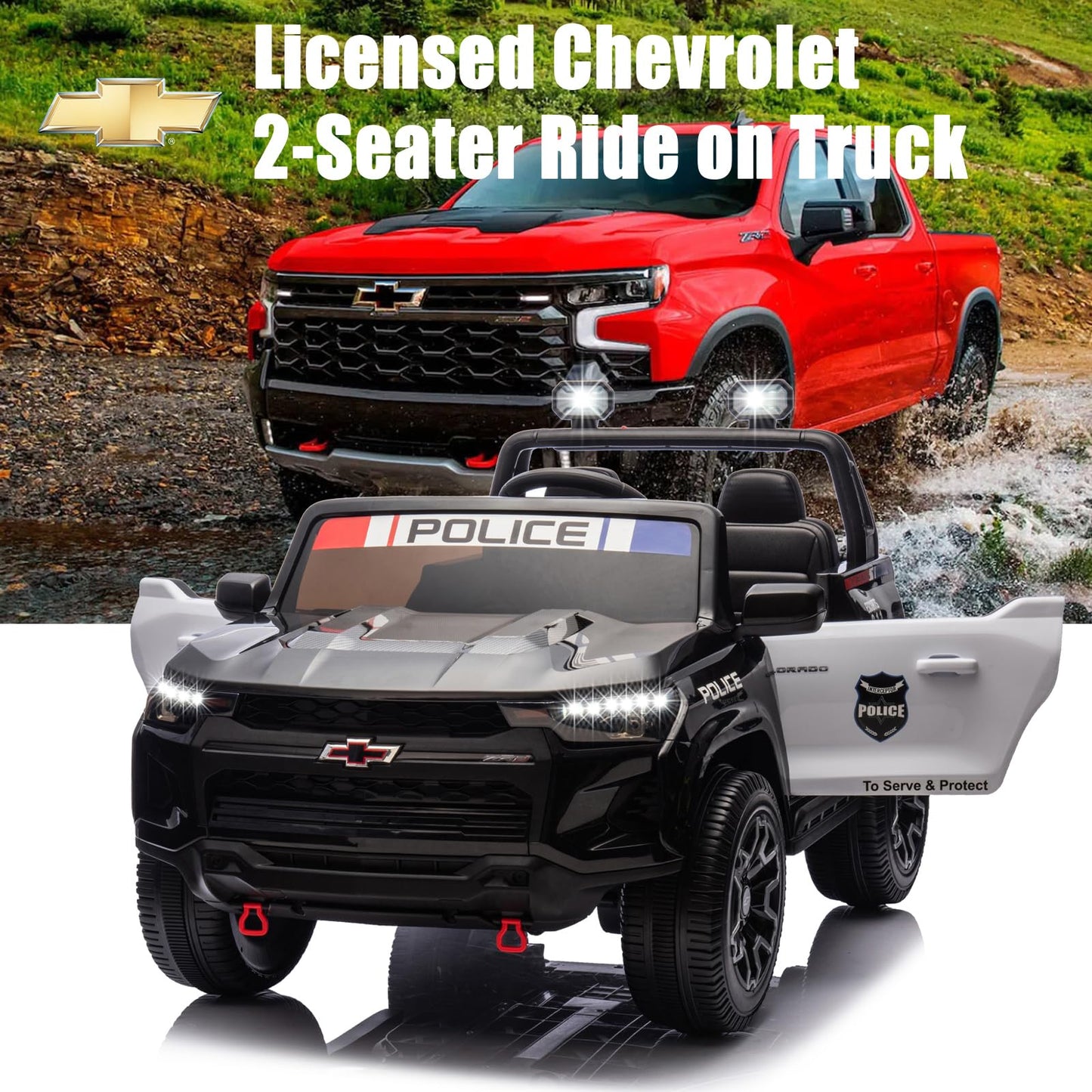 Nitoess Police Car Ride On, 24V 4WD Kids Car Licensed Chevrolet Colorado, Toddler Car Ride on 2-Seater with Parent Remote, Police Ride on Toy with Music, Alarm Lights