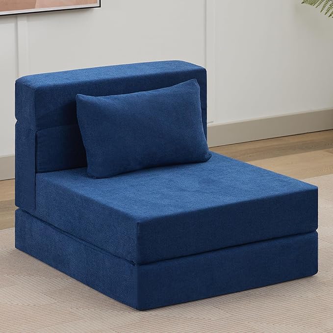 WUTUTUEE Folding Sofa Bed Convertible Floor Couch Foldable Chair Bed with Pillow，Linen Sleeper Chair Futon,Foldable Memory Foam Mattress for Bedroom/Living Room/Dorm/Office (Navy, Single)