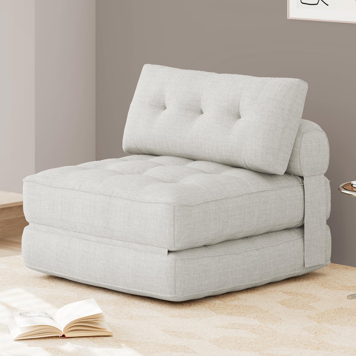 KINGYES Folding Sofa Bed, Convertible Sleeper Chair with Pillow for Adults, Foldable Single Futon Chair Floor Sofa Lounge for Living Room, Beige