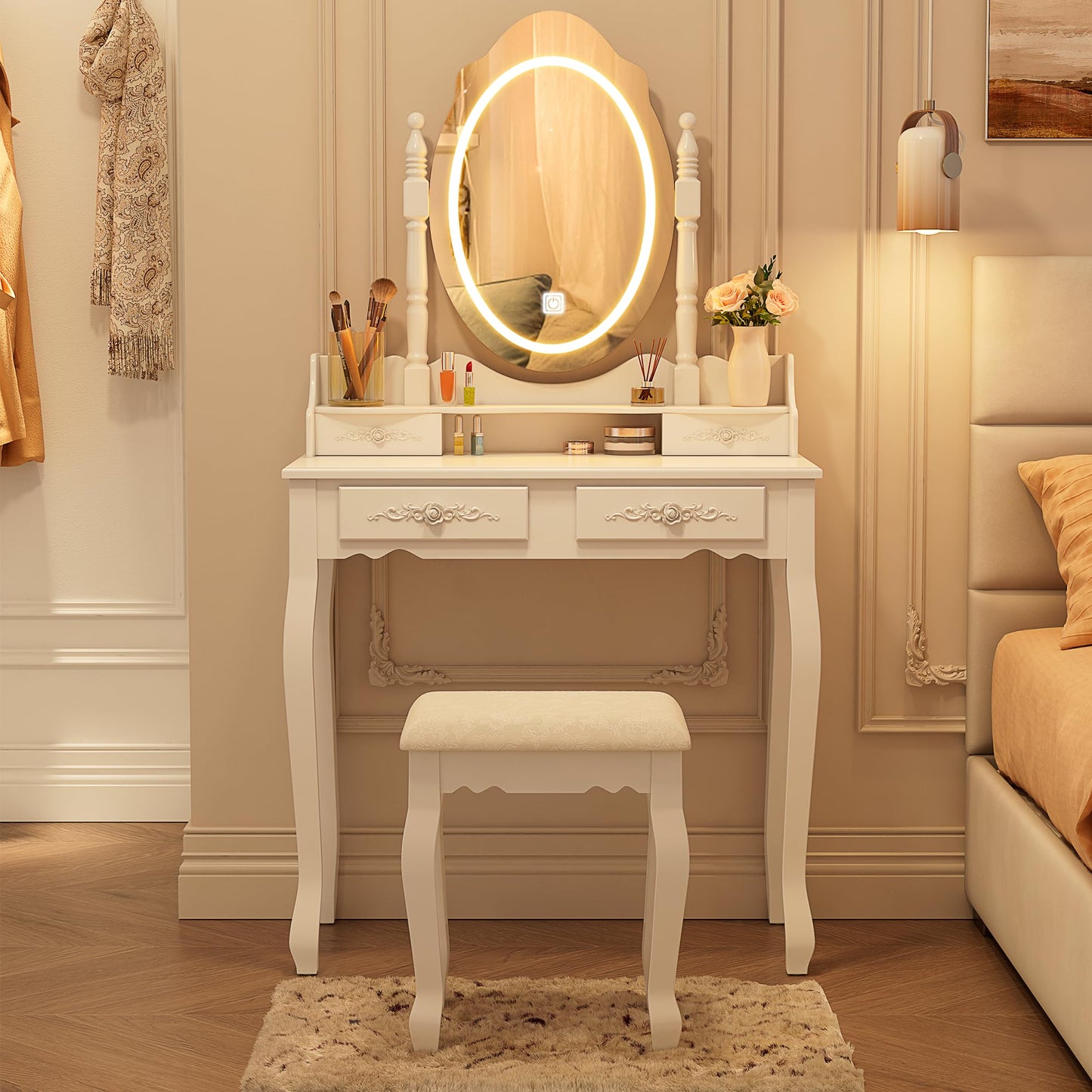 Vanity Desk with Mirror and Lights, Modern Vanity Makeup Table and Cushioned Stool Set with 4 Drawers, 3 Color Lighting Modes with Adjustable Brightness, Dressing Table Set for Bedroom (White)