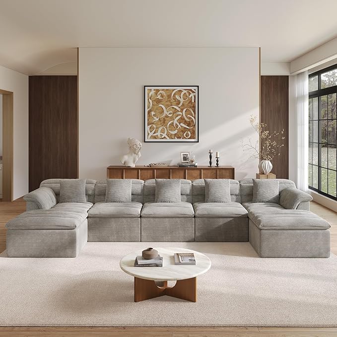 SUNG7 172" Modular Sofa with Ottoman, Boneless Cloud Couch with Deep Seat, Comfy U-Shape Corduroy Couches for Living Room, No Assembly Required, Light Gray