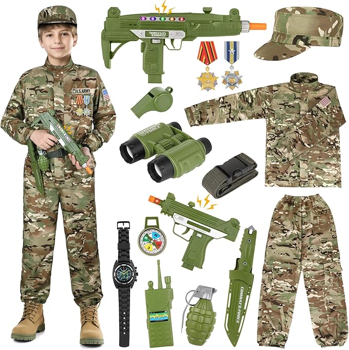 GIFTINBOX Army Costume for Kids, Boys Military Soldier Costume with Toy Accessories, Halloween Costumes for Boys Kids 3-13