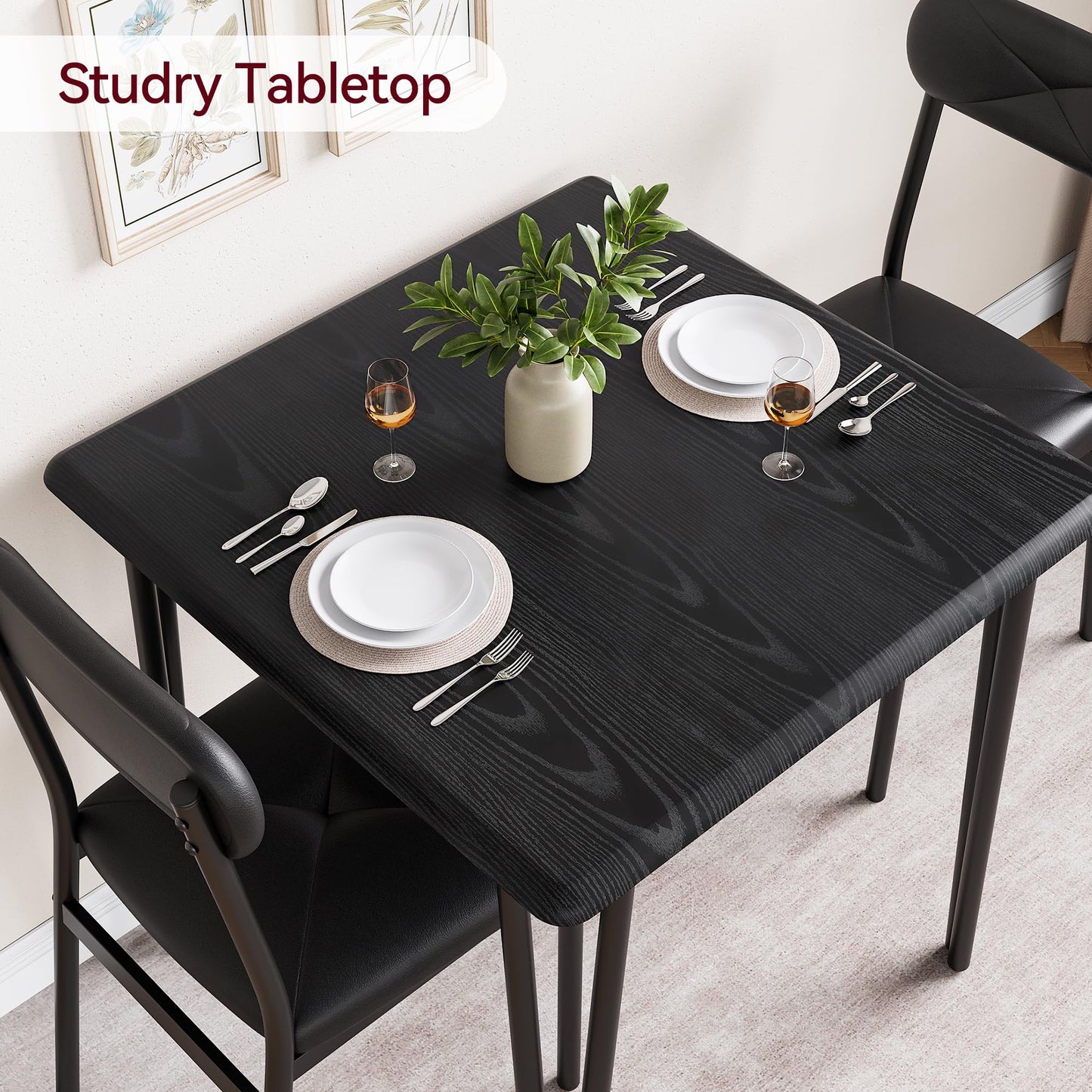 Dining Table Set for 4 with Black Wood Grain – Spacious Square Table with Rounded Corners and 4 Upholstered Chairs, Ideal for Apartment Living Room, Dining Room, (Black 3 Piece)