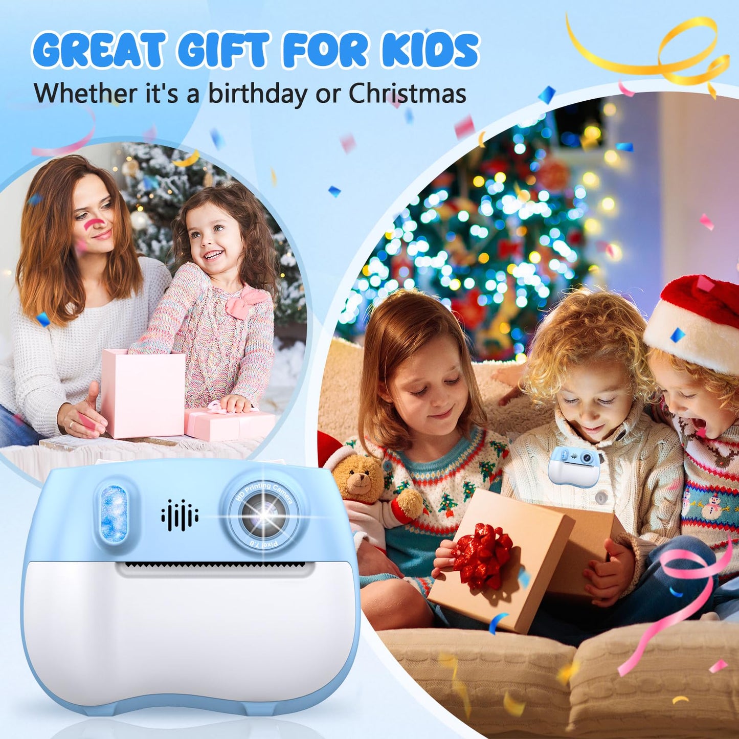 Kids Camera Instant Print 1080P Front Rear Dual Selfie - Kids Digital Camera with Video Games, 32GB & 5-Color Print Paper/ 250 Photos,Easy to Use & Great Toys Gifts for Boys Girls, Ages 3-12