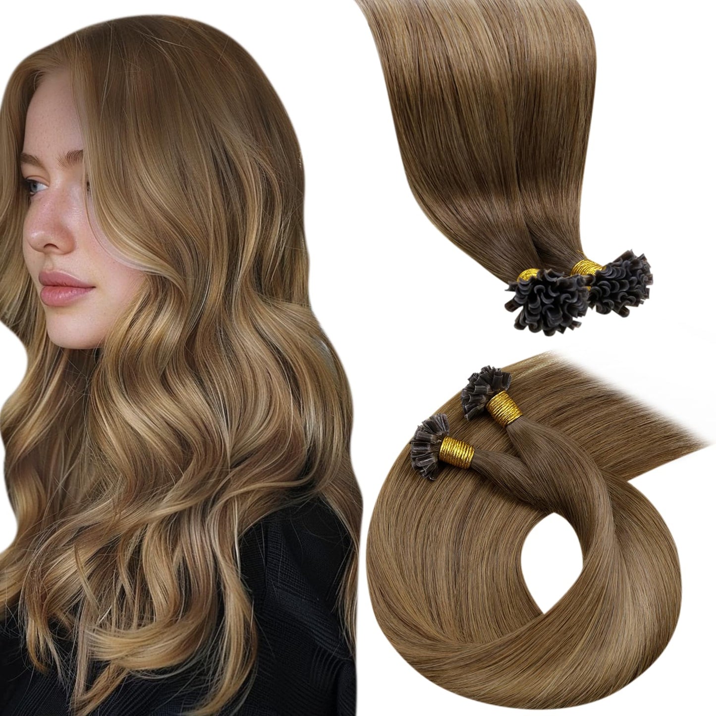 LaaVoo U Tip Hair Extensions Human Hair Ombre Brown to Light Brown Mix Golden Brown K Tips Hair Extensions Human Hair Ombre Fusi