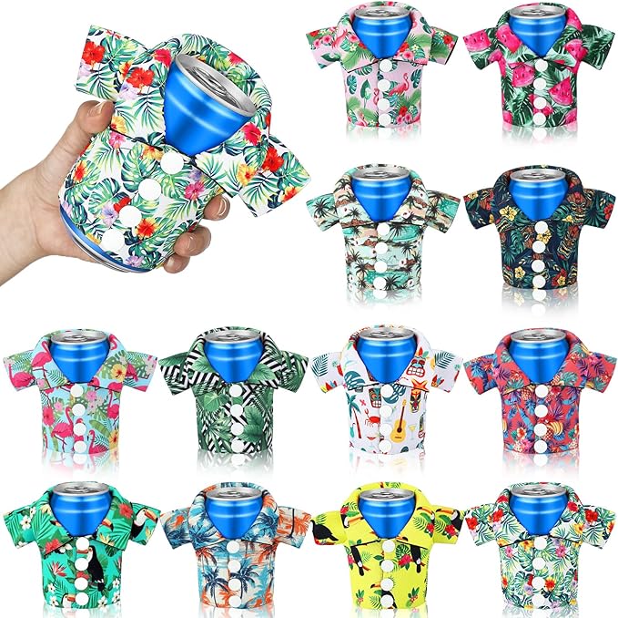 Pickmesh 12 Pack Tropical Shirt Can Cooler Sleeves 12 oz Hawaiian Funny Can Cooler Bulk for Beer Beverage Soda Birthday Be...