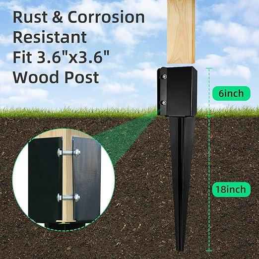 XYADX Fence Post Anchor Ground Spike Heavy Duty Black Powder Coated Fence Stakes Post Base for Mailbox, 24 x 4 x 4 Inches Outer Diameter (Inner Diameter 3.6 x3.6 Inches), Pack of 6