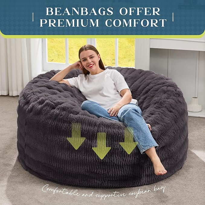 Hobestluk Bean Bag Chairs Beanbag Chair with Filler Adult Bean Bags with Fluffy Ripple Cover, Giant Bean Bag Chairs for Adults (Dark Grey, 5FT - 50" x 50" x 24")