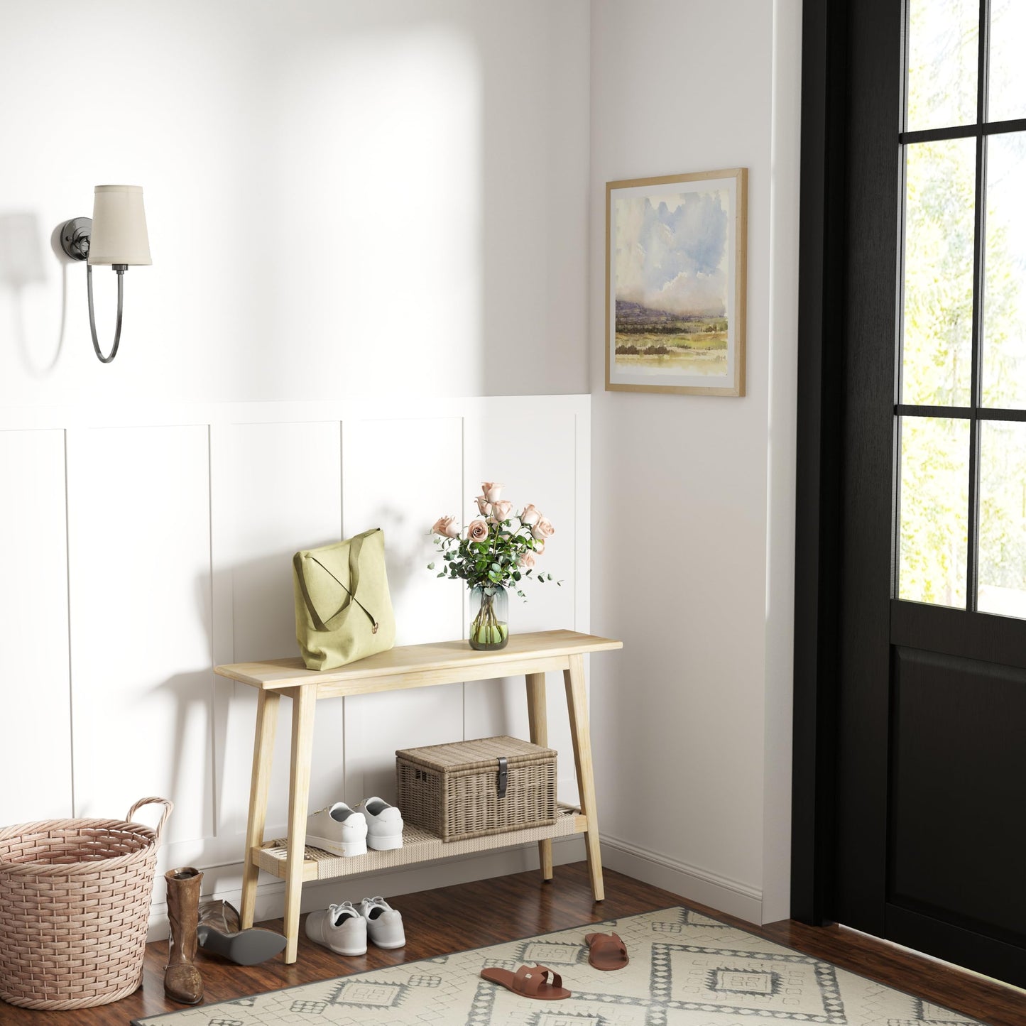LZAREAL Farmhouse Rattan Entryway Table with Storage Boho Narrow Console Table Wood Long Sofa Table Behind Couch Table for Entryway Hallway Foyer Living Room, Natural Color