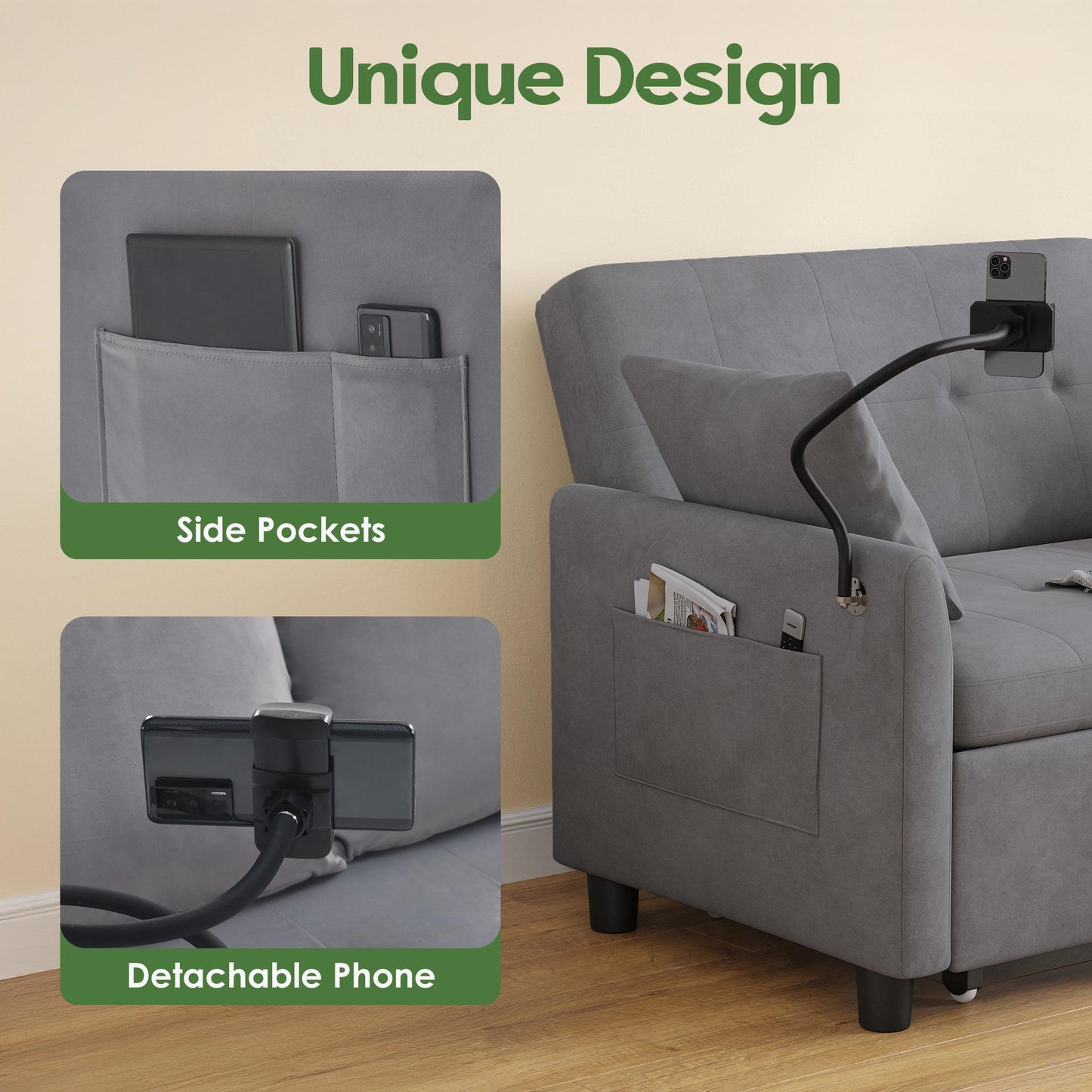 AYEASY Sleeper Sofa Bed, 3 in 1 Convertible Sleeper Couch Bed Pull Out, Small Loveseat Sofa, Futon Sofa Bed Full Size, 46" Velvet Love Seat with Pillow and Phone Holder for Living Room, Grey