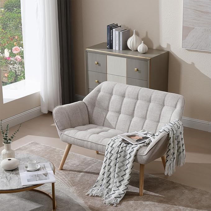 Hyfirm Loveseat Sofa, 48 inch Love Seat for Living Room Comfy Linen Small Couch with Wood Legs for Bedroom Small Space Apartment Office, Beige