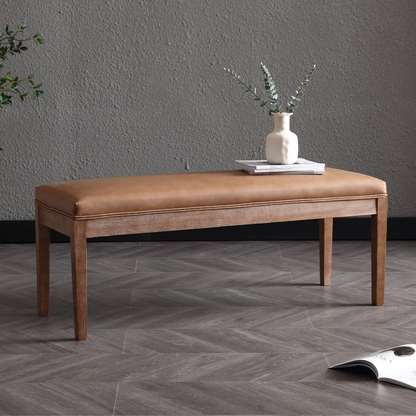 Janoray PU Leather Entryway Bench Farmhouse Dining Benches Upholstered Bedroom Bench Shoe Bench Seat for Hallway Living Room Bedroom End of Bed, 16" D x 45.5" W x 18.75" H, Brown