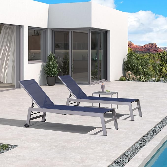 PURPLE LEAF Outdoor Lounge Chair Set for 2 Pool Reclining Lounge Chairs with Easy-to-Move Wheels and Adjustable Backrest Aluminum Patio Chaise Lounger for Beach Yard Pool Table Included, Ocean Slate