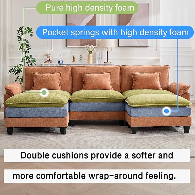 Oprisen 120" Modular Sectional Sofa, Comfy Cloud Couch Sectional Sofa with Ottoman, Chenille Sofa Sleeper Deep Seat Sofa with Throw Pillows for Living Room (Orange, 120"- U Shape)