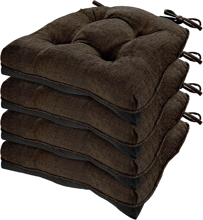 HARBOREST Chair Cushions for Dining Chairs Set of 4 - Chenille Tufted Kitchen Chair Cushions with Ties and Non-Slip Bottom, Foam Chair Pads for Dining Chairs, 17" x 17", Chocolate