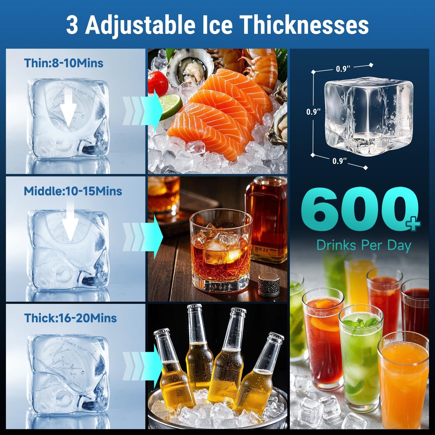 Commercial Ice Machine 150 LBS/24H with 50 LBS Storage Bin, Ice Cubes Ready in 5-15 min, Stainless Steel Industrial Ice Maker, Self-Cleaning, Timing Function, Adjustable Ice Thicknesses