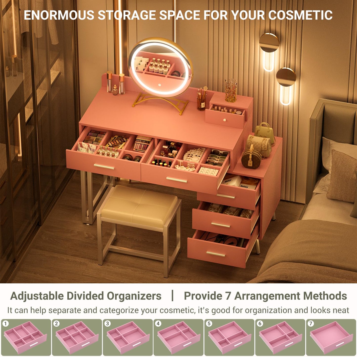 Pink Vanity Desk with Mirror and Lights, Modern Makeup Vanity Table Set with 6 Storage Drawers and Cushioned Stool for Bedroom, Dressing Table with Divided Organizers for Women Girls, Pink