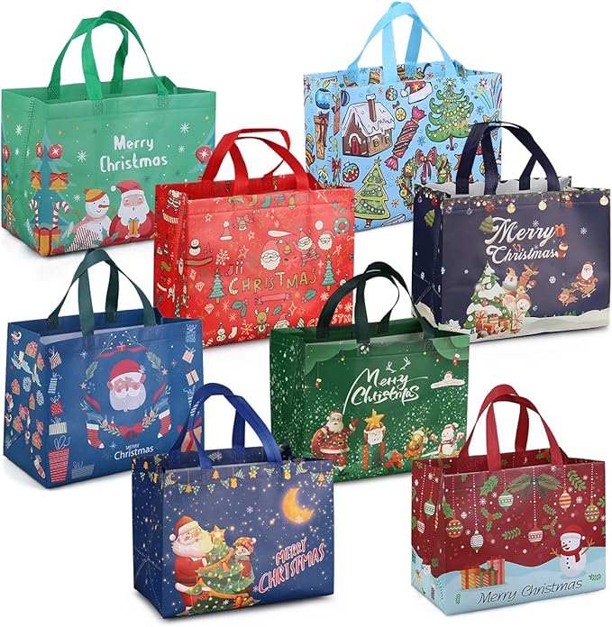 8PCS Christmas Gift Tote Bags with Handles, Multifunctional Non-Woven Bags for Gifts Wrapping Shopping, Xmas Party Supplies