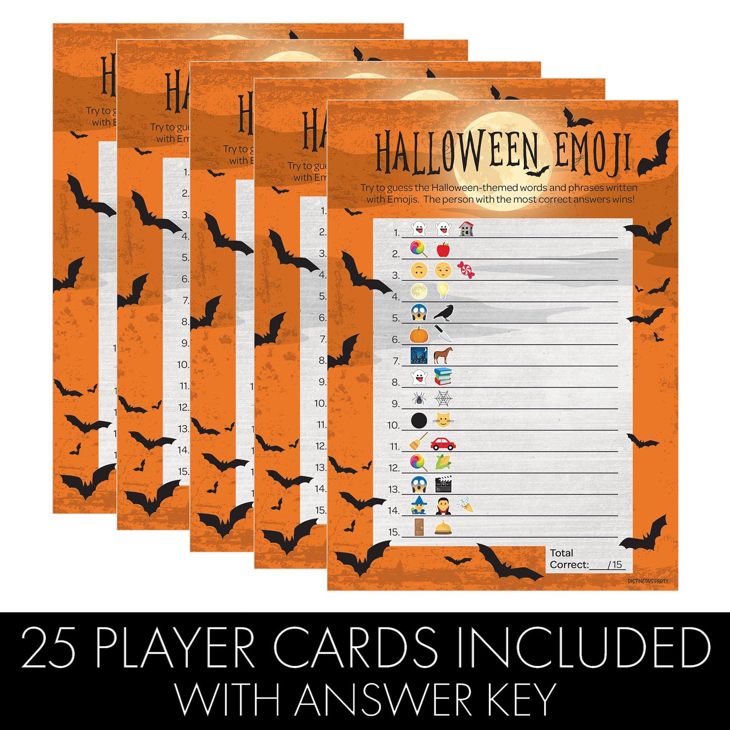 DISTINCTIVS Halloween Party Emoji Guessing Game - 25 Game Cards for Kids, Adults, Classrooms, and Fall Events