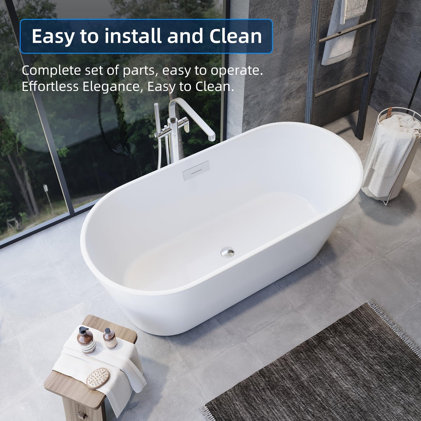 59 Inch Freestanding Bathtub Acrylic Free Standing Tub 59 Inch, Free Standing Tub with Chrome Drain & Overflow, Ergonomic Stand Alone Tub for Small Bathroom or Home Spa