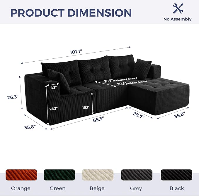 MAXYOYO Modular Sectional Sofa Couch, L Shaped Modern Cloud Couch with 1 Ottoman, Sofa in A Box, Tufted 4-Seat Boneless Sleeper Chair for Living Room, No Assembly Required, Black
