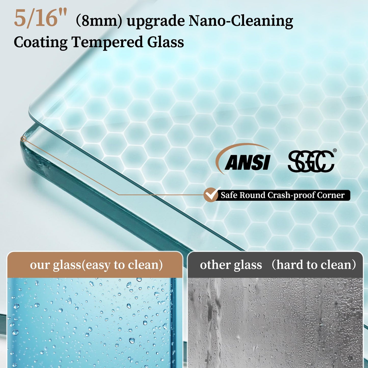 36" W x 76" H Fixed Glass Shower Panel, Frameless Shower Glass Panel with Nano Coating,5/16" (8mm) Clear SGCC Tempered Glass Panel for Walk In,Chrome