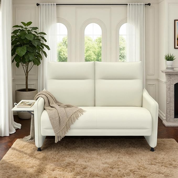 Tbillionnext Faux Leather Loveseat, Upholstered Loveseat with Hidden Foldable Tray & Side Pocket, Rear Contour Arm Design, Modern 2-Seater Sofa Couch for Small Spaces, Bedroom, Beige