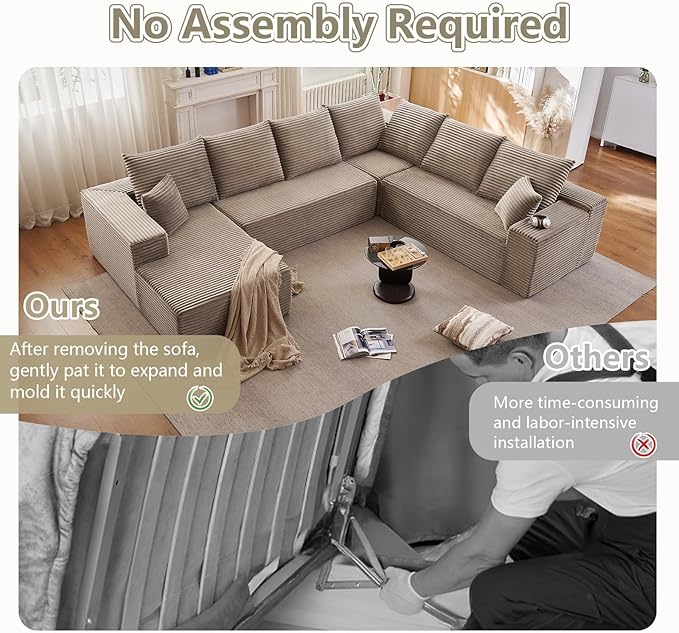 Cloud Sectional Couch with L-Shape Chaise, Upholstered Corduroy Couches Stupendous U Shaped Sofas, Modern Modular Comfy Sofa with Deep Seat for Living Room Bedroom, No Assembly Required, Camel