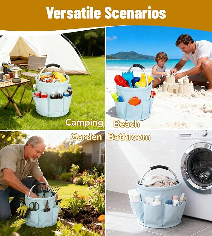 17L Foldable Storage Basket with 6 Side Pockets Cleaning Caddy with Handle Folding Storage Bin for Home Bathroom Camping Gardening (Light Blue)