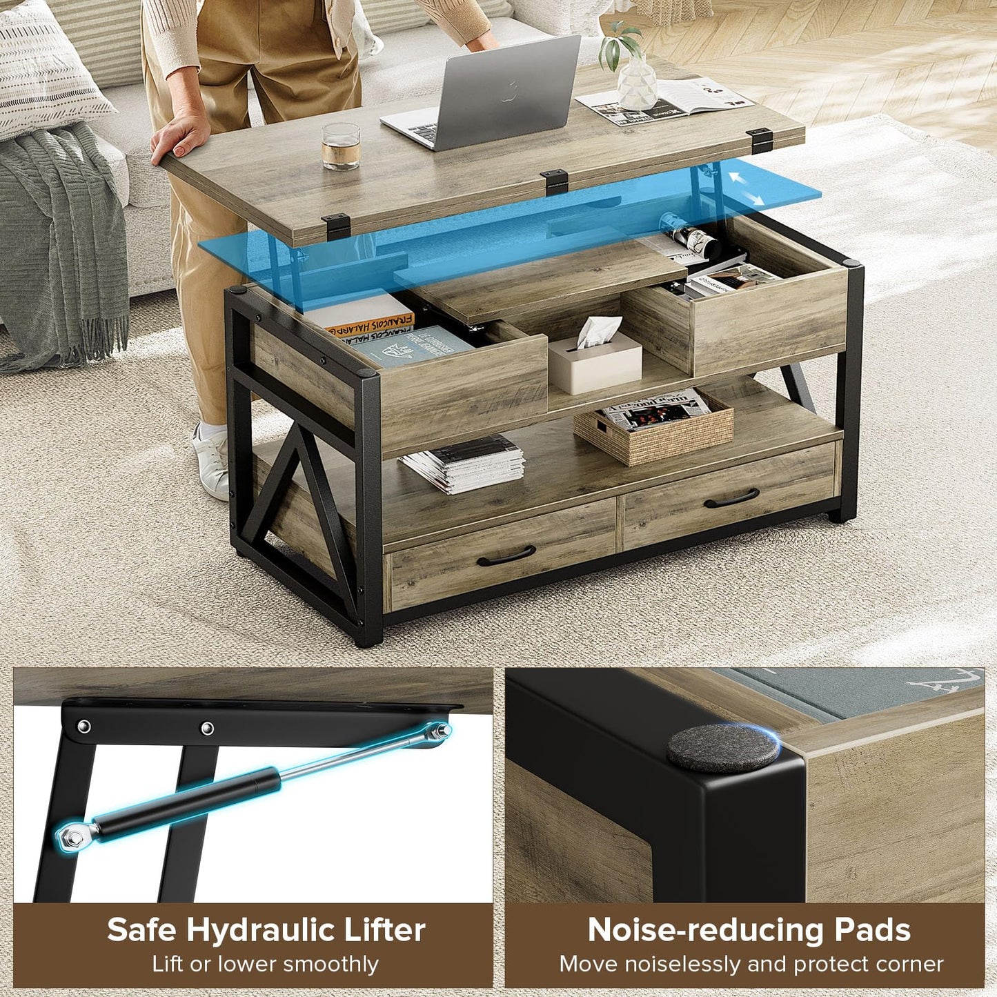 Memobarco 40" Lift Top Coffee Table,4 in 1 Multi-Function Lift Coffee Tables with Storage Drawers and Hidden Compartmen,Farmhouse Coffee Table with Lifting top for Living Room,Grey