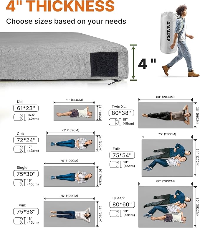 GAIALOOP 4 INCH Extra Thick Memory Foam Camping Mattress, 30D Foam Camp Pad for Car Tent Cot, Roll Up Mattress for Guests Sleepovers RV Truck Camper