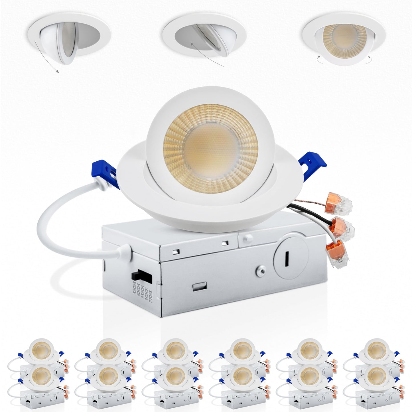 Adetu 3 Inch Gimbal Led Recessed Lighting, 360°+90° Adjustable Directional Recessed Lights, 2700K/3000K/3500K/4000K/5000K Dimmable Retrofit Eyeball Can Lights with Jbox,ETL (White,12 Pack)