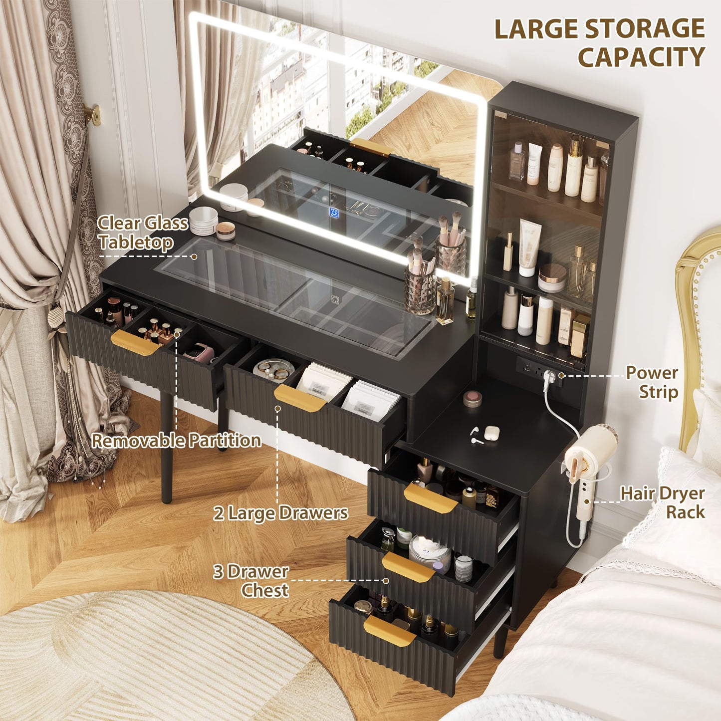 GarveeLife 48" Makeup Vanity Desk with Fluted Design, 36" Oversized Lighted Mirror, Glass Top Vanity Table with Charging Station, 5 Drawers and 3-Tier Storage Shelves for Bedroom, Dark Gray